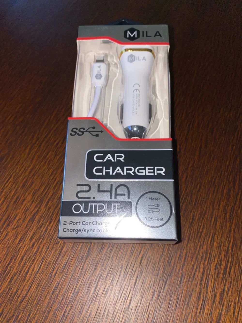 MILA 2.4A White & Gold Dual-Port Car Charger with Lightning Cable
